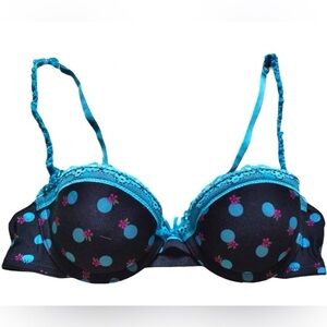 New Victoria’s Secret 34C Underwire Balconette Bra Blue Polka Dots Flowers Black